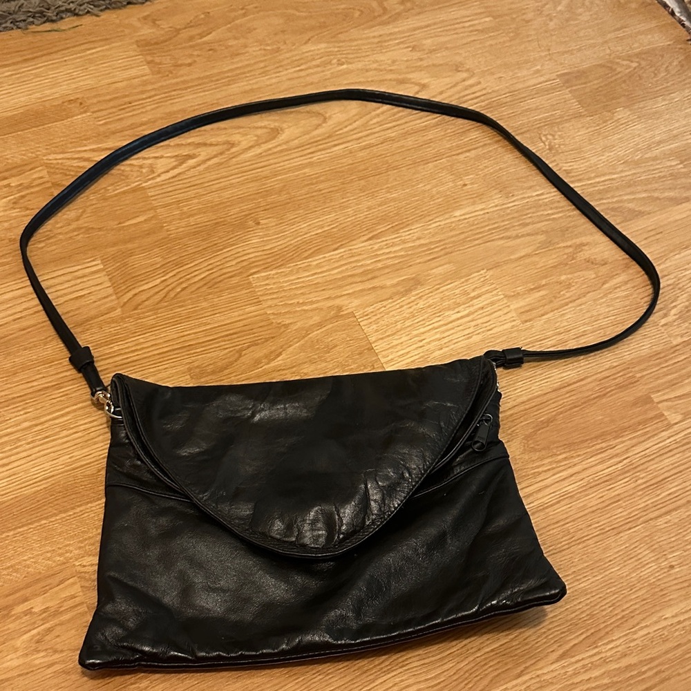 Elegant Black Leather Crossbody or clutch bag. Vintage.